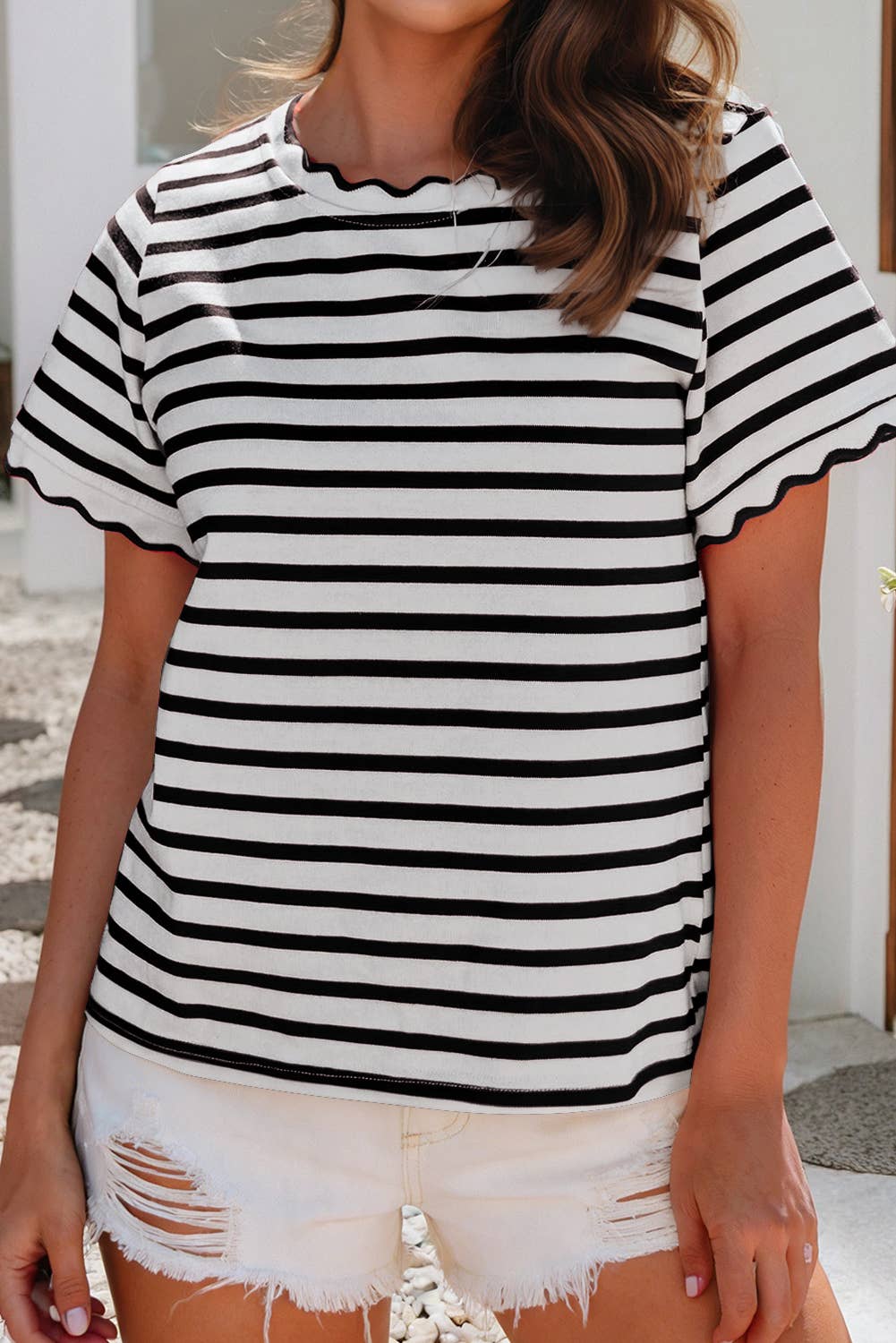 LDC Scalloped Trim Round Neck Stripe T Shirt| S-4X