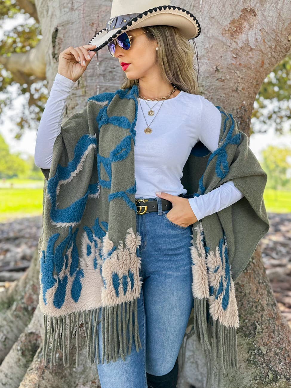 Olive Boho 3D Textured Abstract Fringe Ruana Cardigan