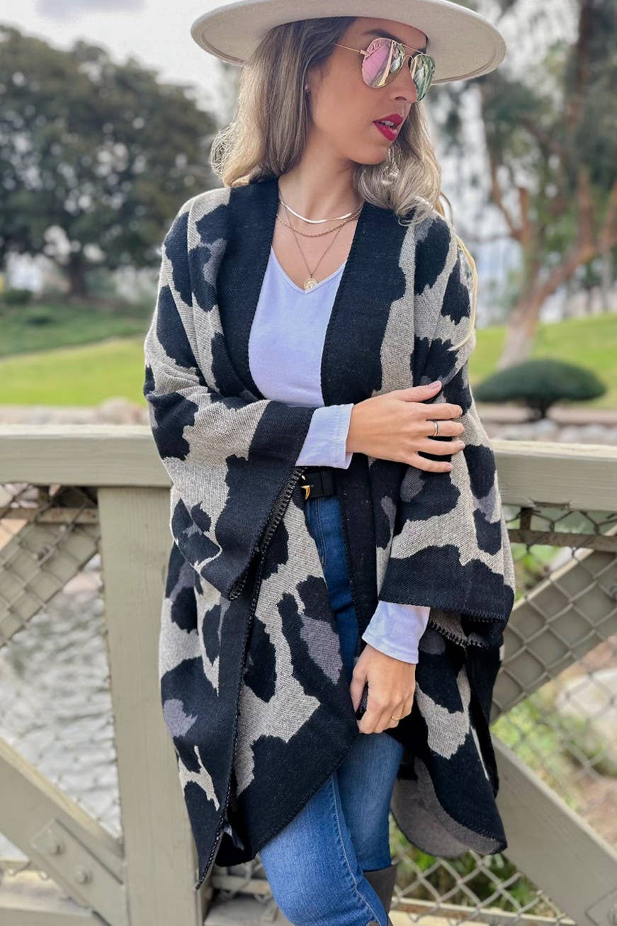 Boho Large Leopard Print Knit Ruana Cardigan