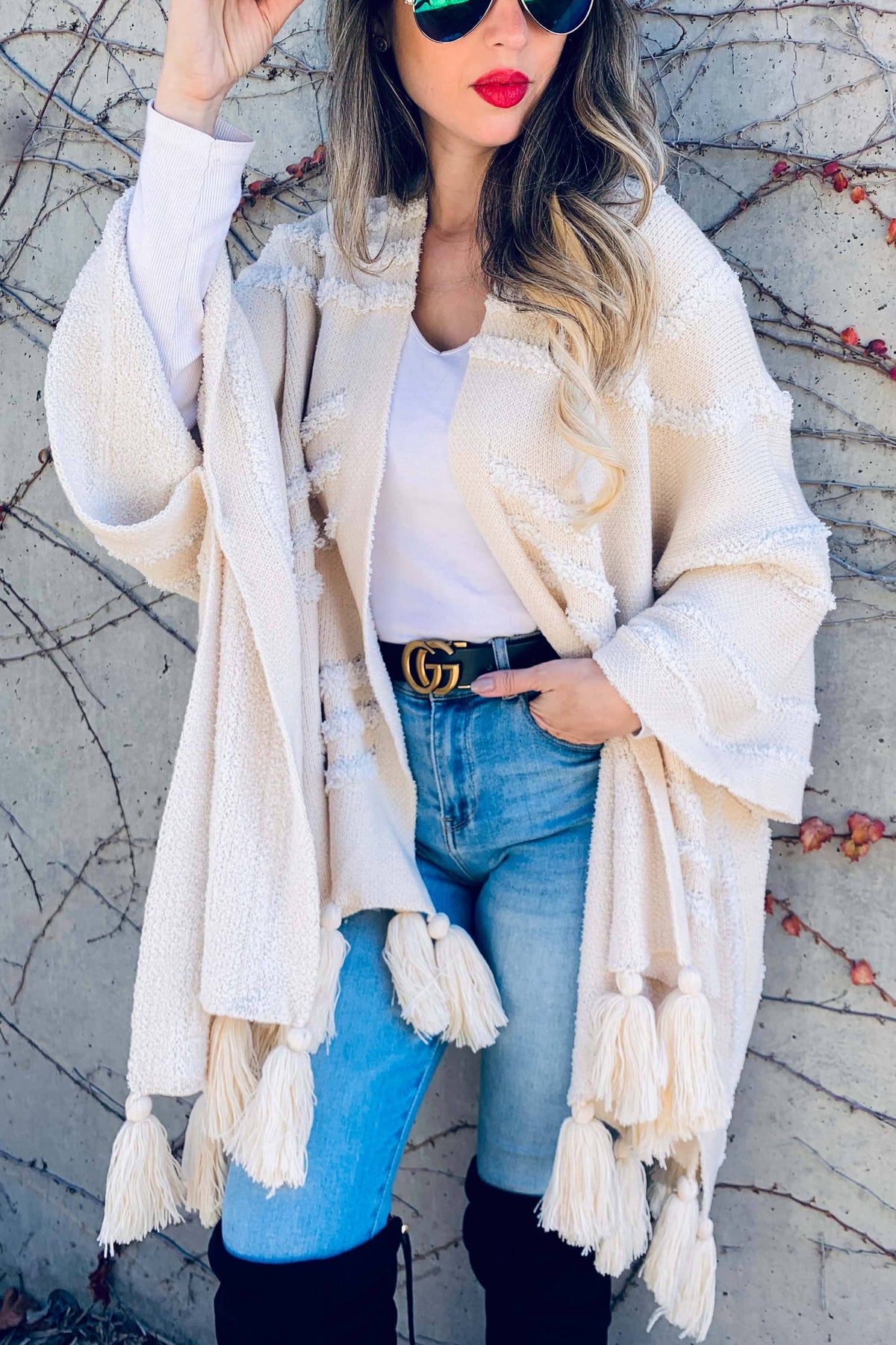 Boho Textured Chunky Knit Tassel Ruana Cardigan