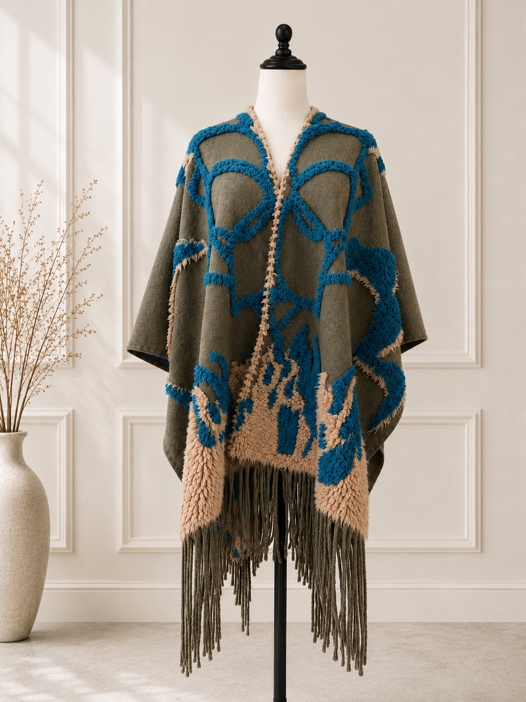 Olive Boho 3D Textured Abstract Fringe Ruana Cardigan