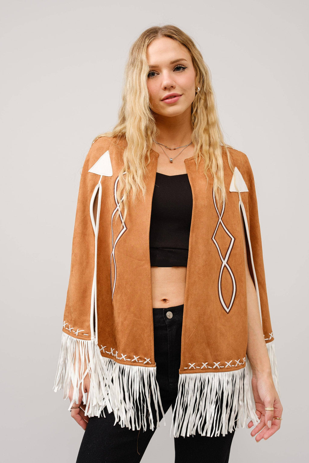 36306J - Fringe Detail Open Cape Jacket