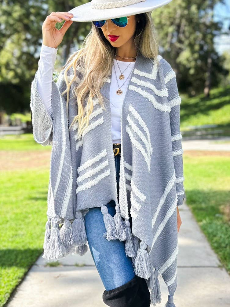 Boho Textured Chunky Knit Tassel Ruana Cardigan