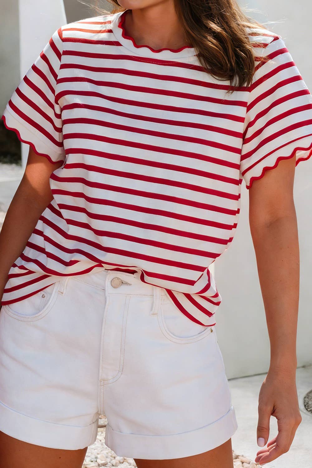 LDC Scalloped Trim Round Neck Stripe T Shirt| S-4X