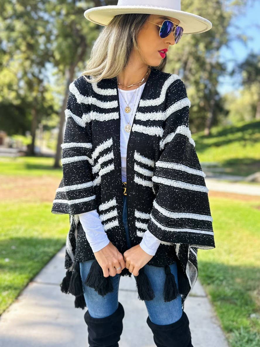 Boho Textured Chunky Knit Tassel Ruana Cardigan