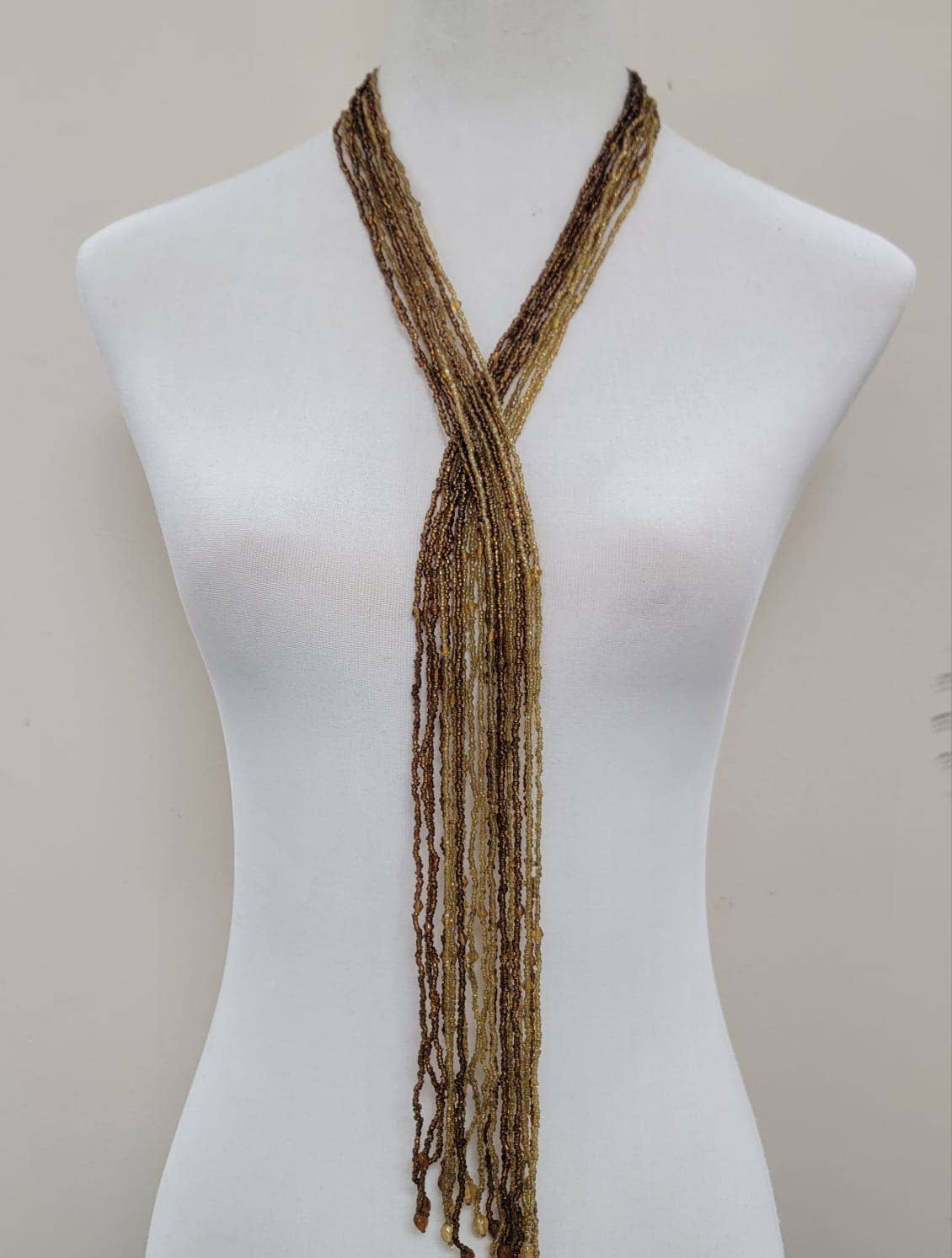 Seed Bead Multi-strand Long Necklace Features Scarf-Style