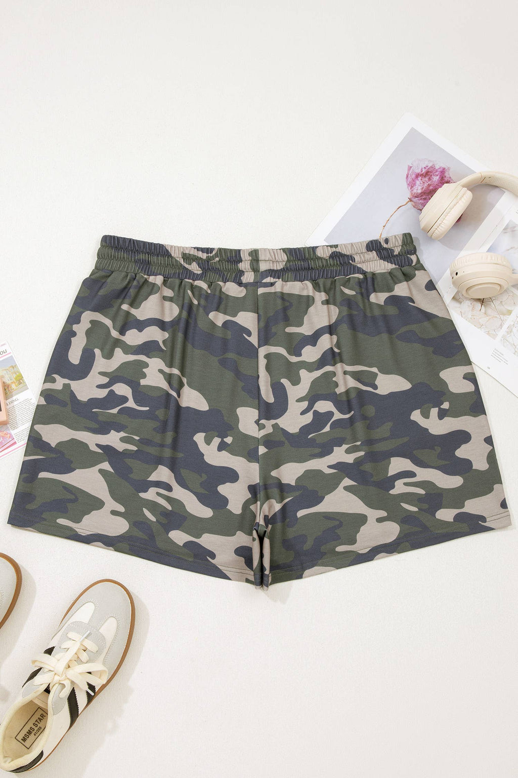 Tie Elastic Waist Pocketed Plus Size Camo Shorts