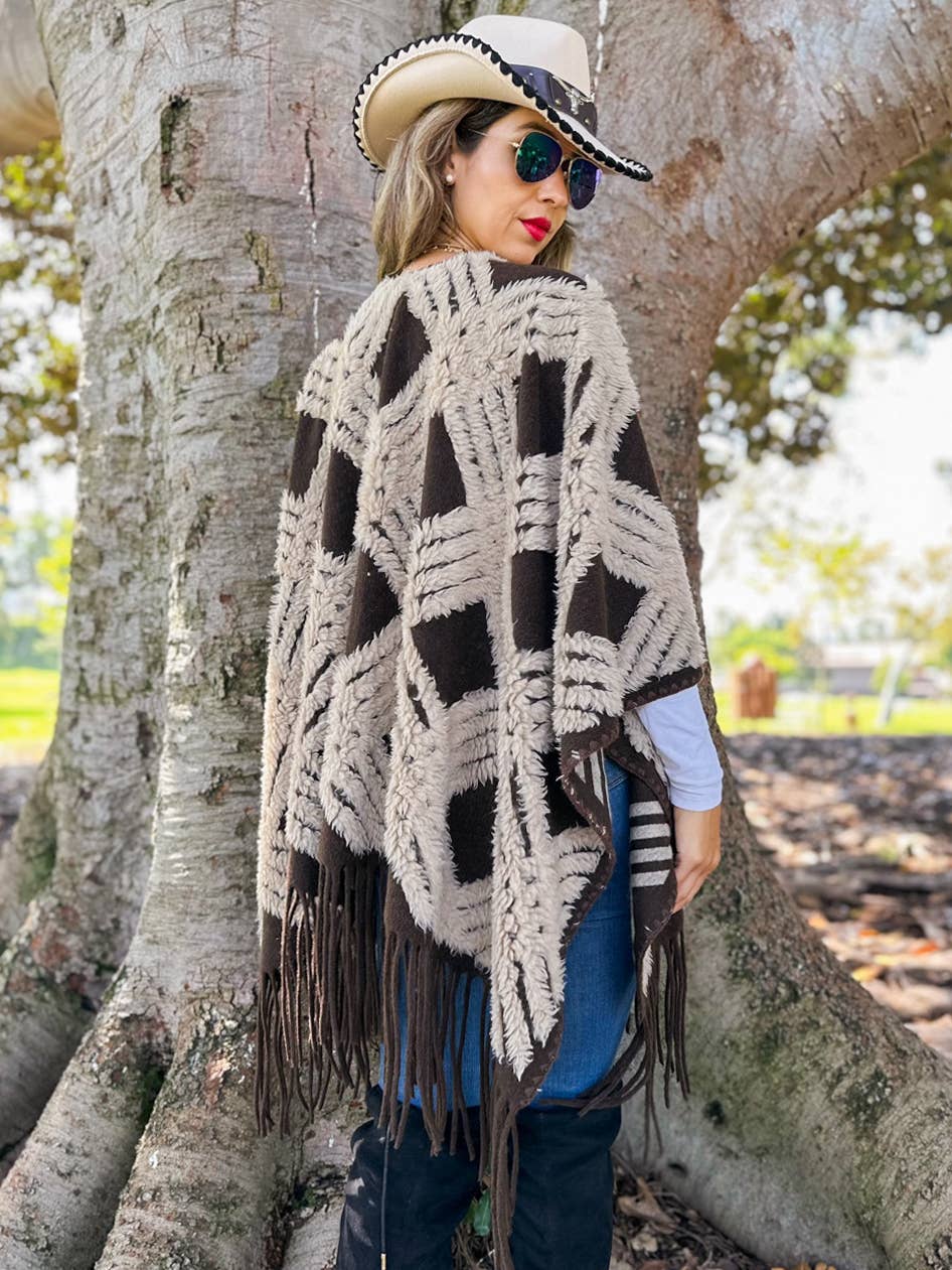 Western Boho 3D Textured Geometric Fringe Ruana Cardigan