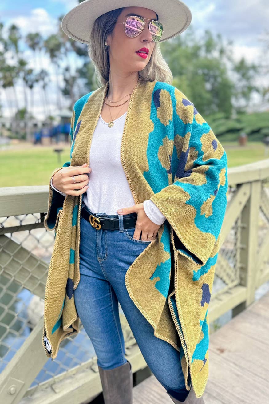 Boho Large Leopard Print Knit Ruana Cardigan