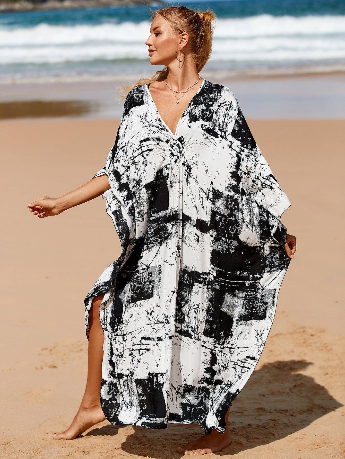 Kaftan Summer Dresses, Braided V-Neck - Black, S-3XL