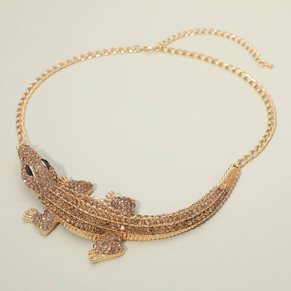Rhinestone Paved Bold Alligator Accent Statement Necklace
