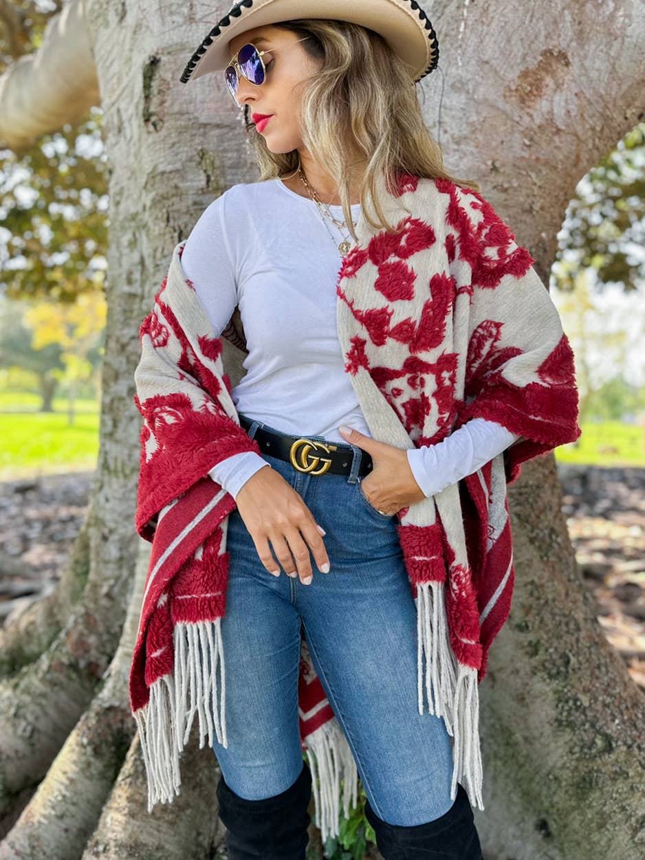 Red Western Boho 3D Textured Paisley Fringe Ruana Cardigan