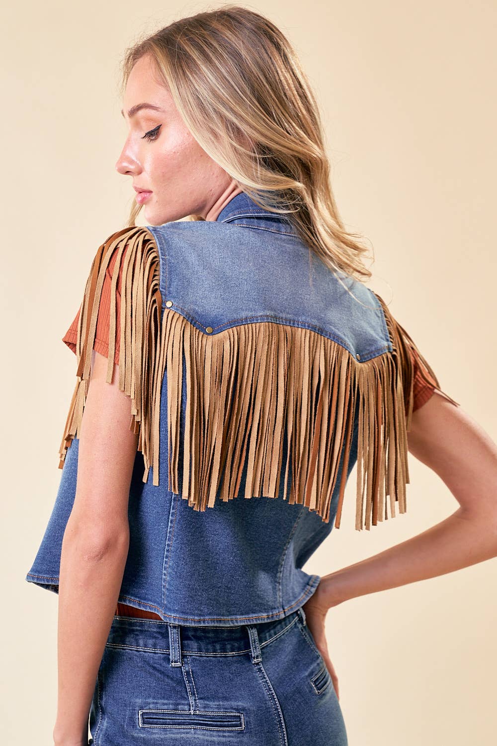 SIJ5261B MED WASH WESTERN FRINGE DENIM MOTOR ZIP UP  VEST