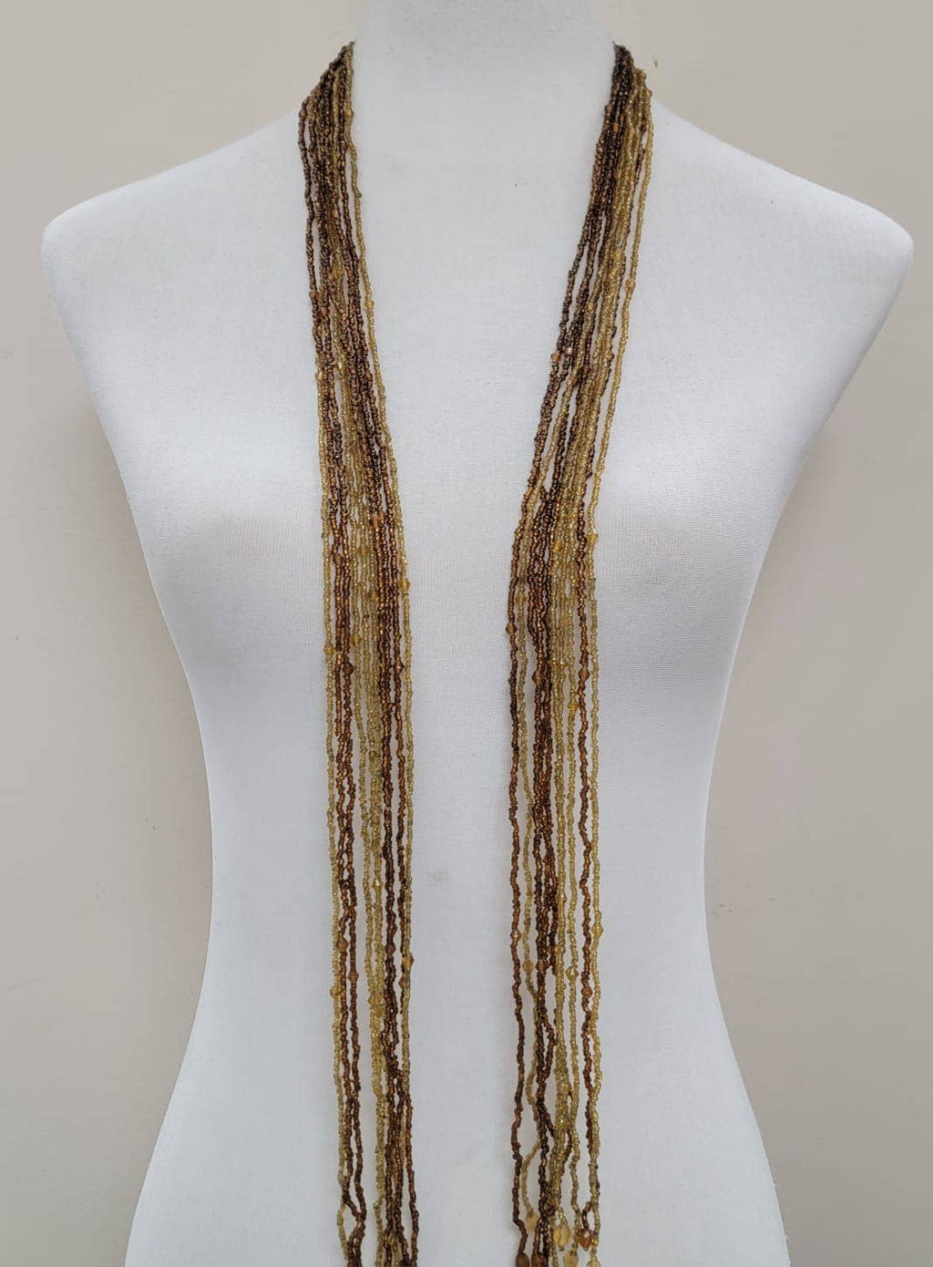 Seed Bead Multi-strand Long Necklace Features Scarf-Style