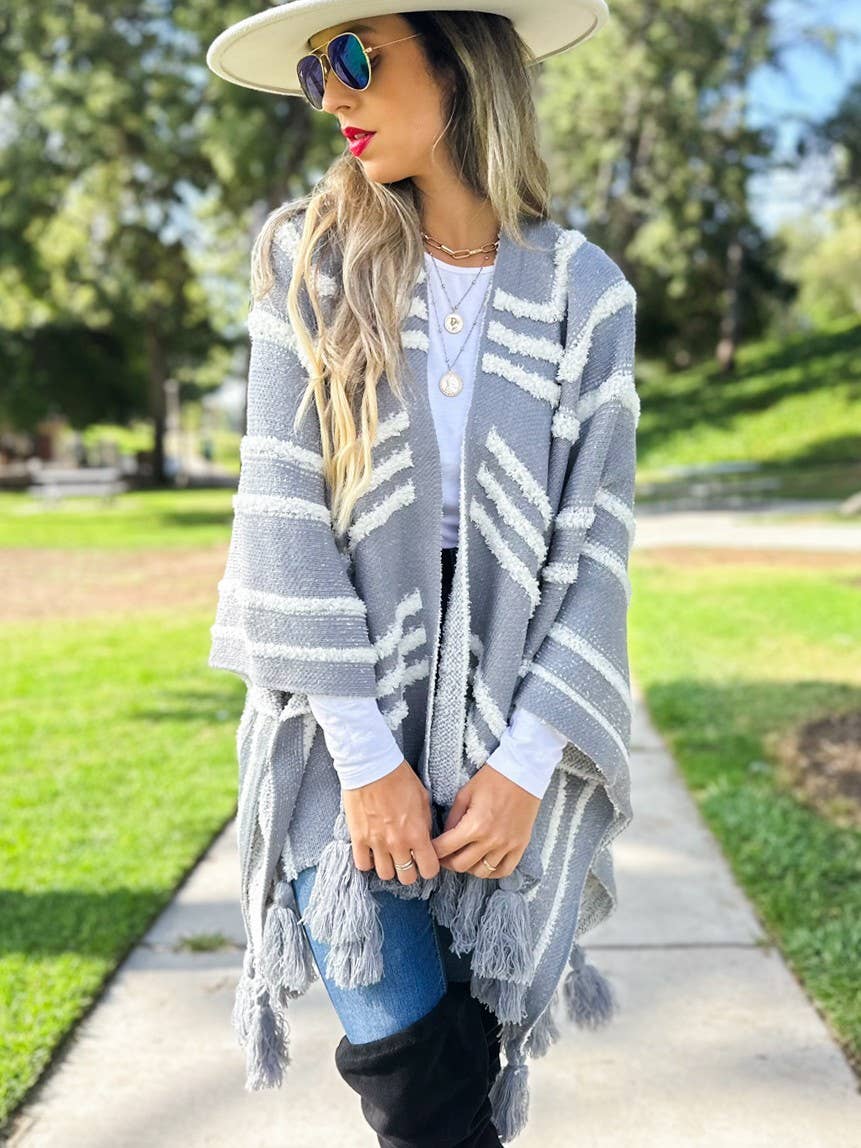 Boho Textured Chunky Knit Tassel Ruana Cardigan