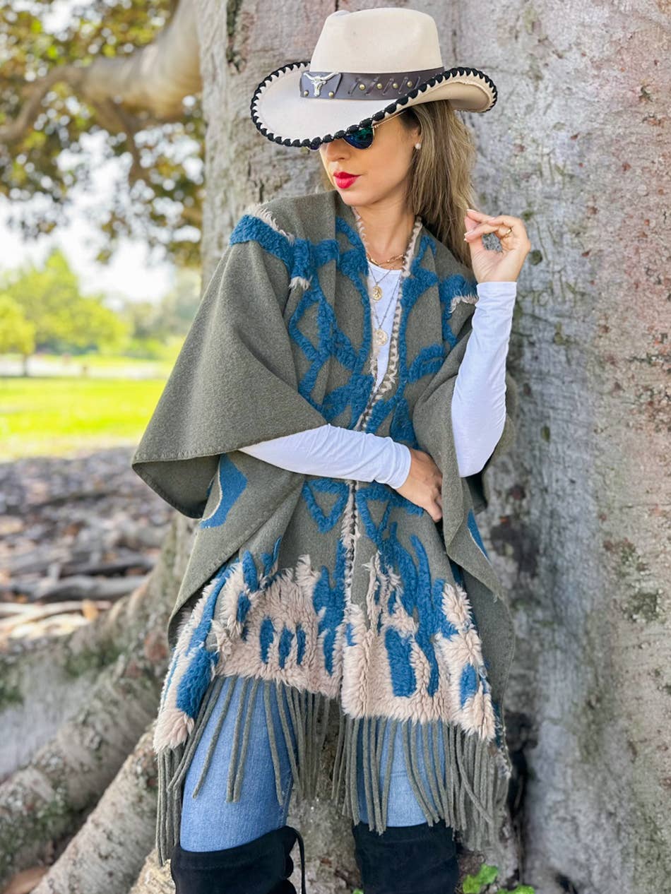 Olive Boho 3D Textured Abstract Fringe Ruana Cardigan