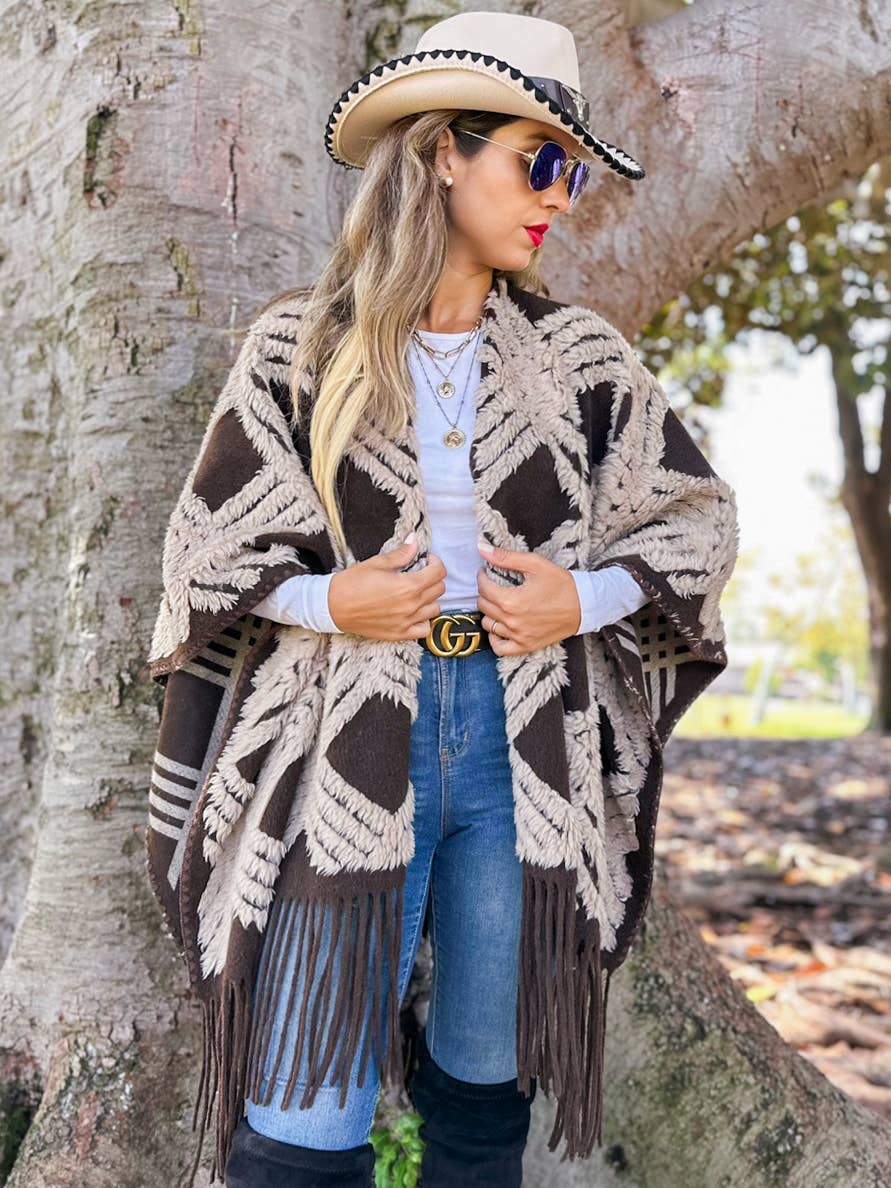 Western Boho 3D Textured Geometric Fringe Ruana Cardigan