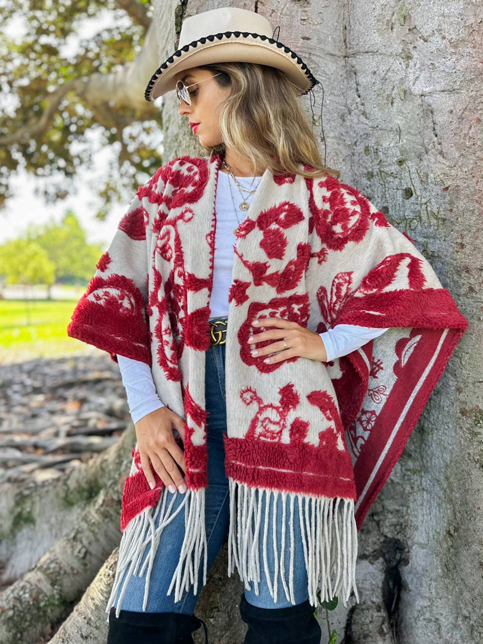 Red Western Boho 3D Textured Paisley Fringe Ruana Cardigan