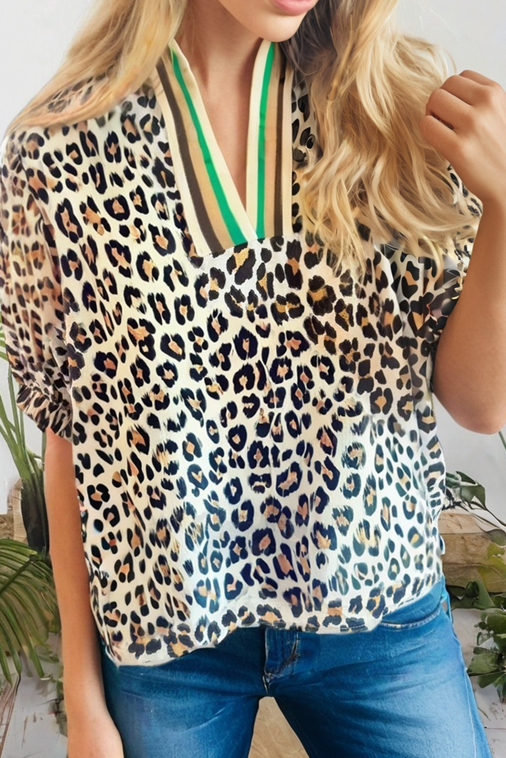 66Leopard Colorblock V Neck Half Sleeve Loose Fit Top (S-XL)