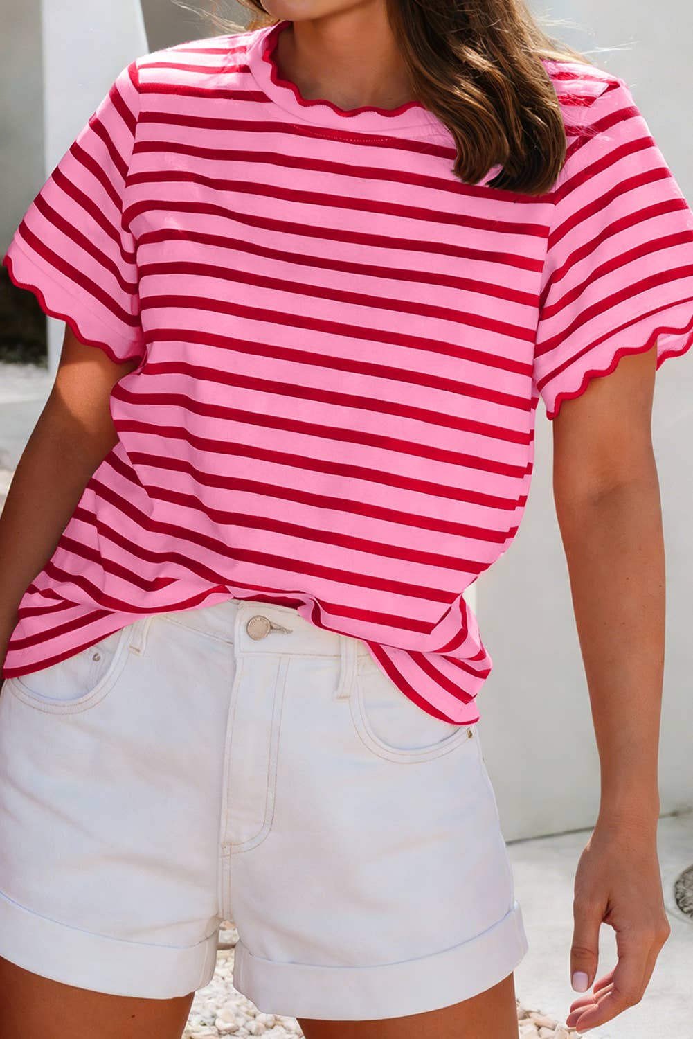 LDC Scalloped Trim Round Neck Stripe T Shirt| S-4X