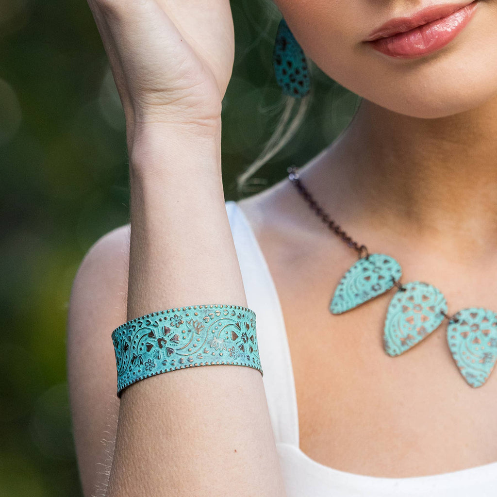 Copper Patina Bracelet - Turquoise Floral and Vine