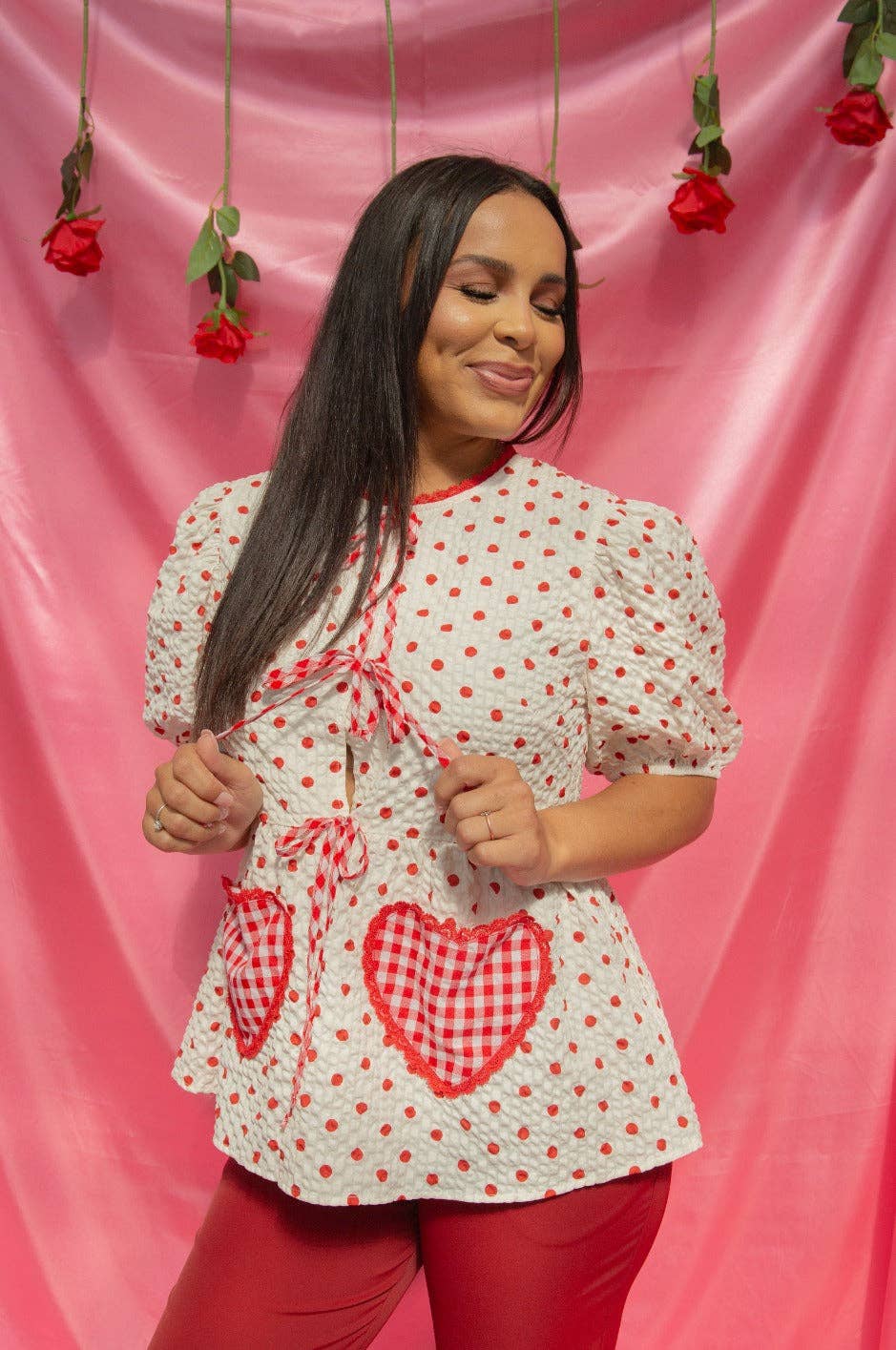 Polka-Dot Blouse with Bows, Red