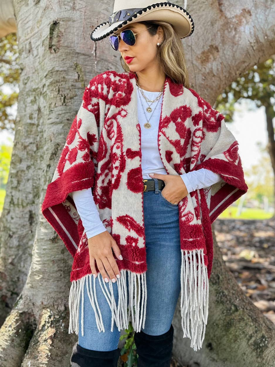 Red Western Boho 3D Textured Paisley Fringe Ruana Cardigan