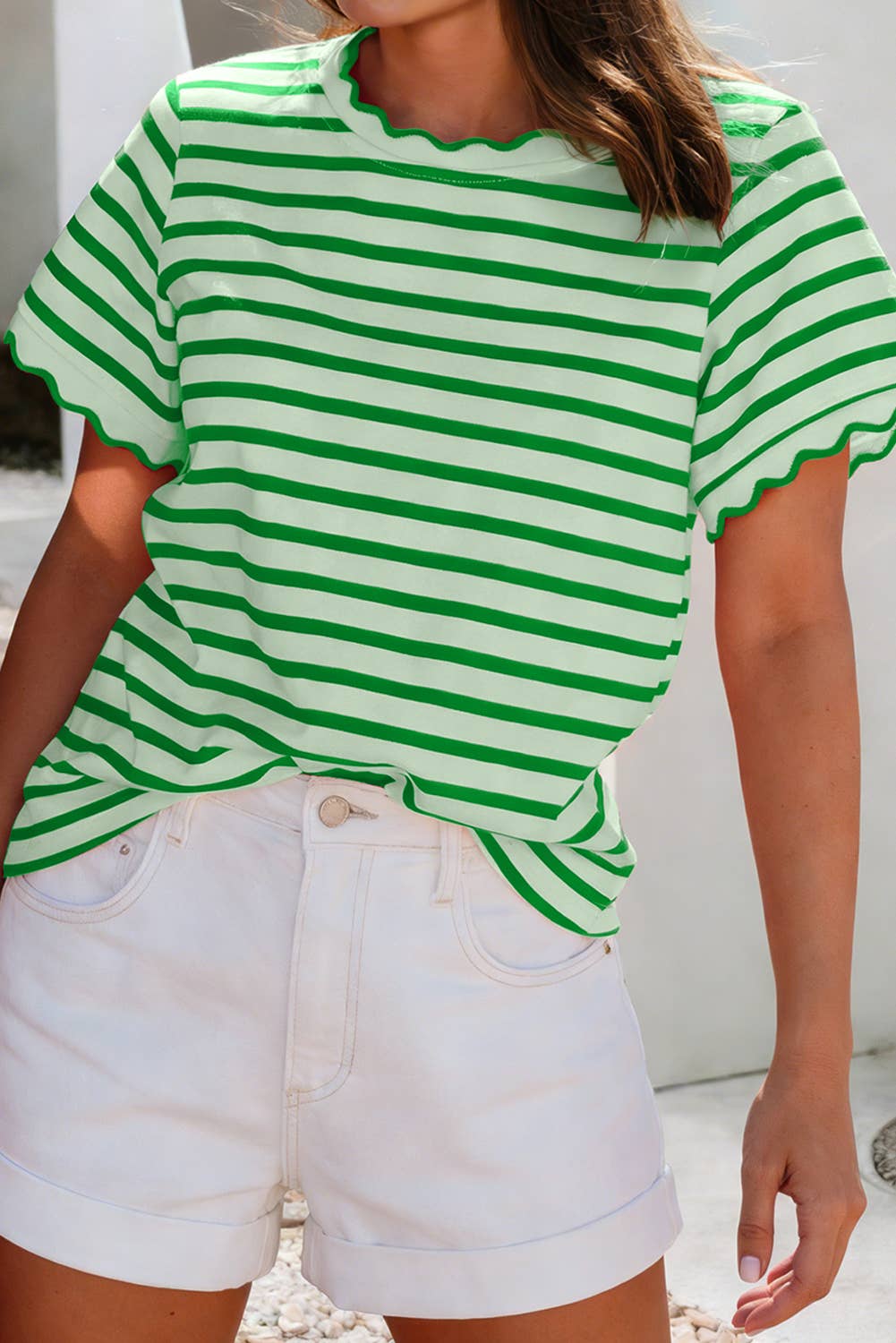 LDC Scalloped Trim Round Neck Stripe T Shirt| S-4X