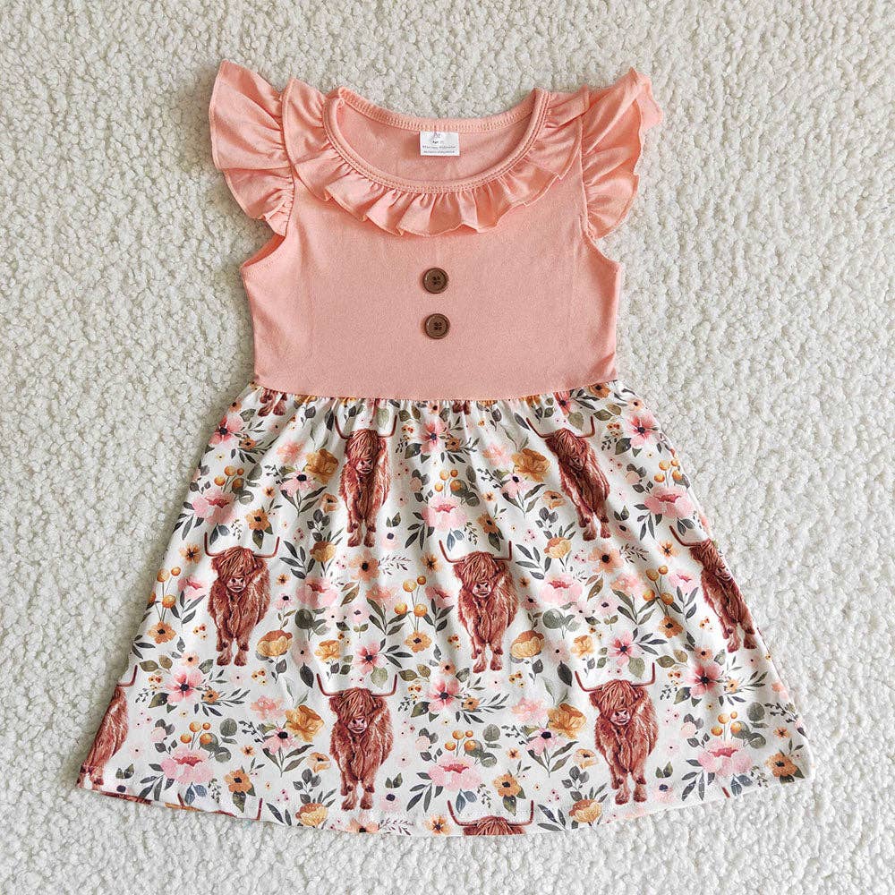 Baby girls pink flutter sleeve western highland cow knee len