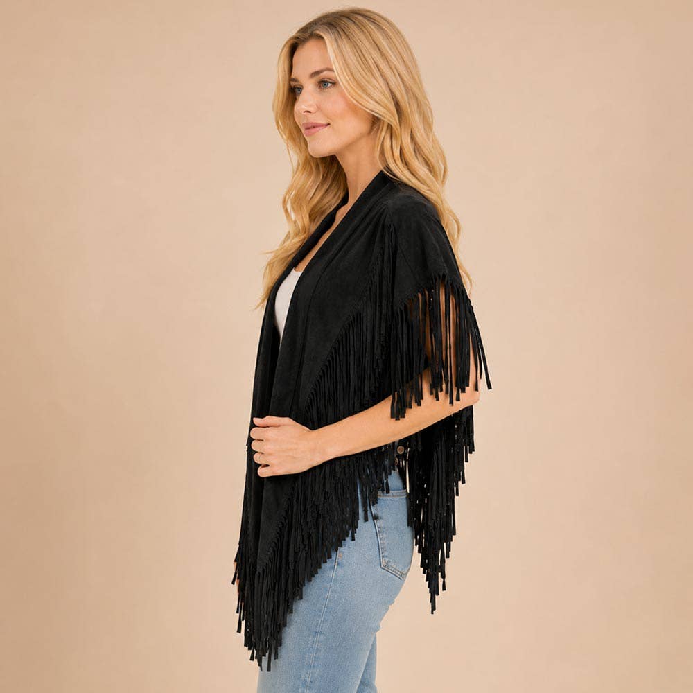 Faux Suede Open Front Western Tassel Shawl Poncho