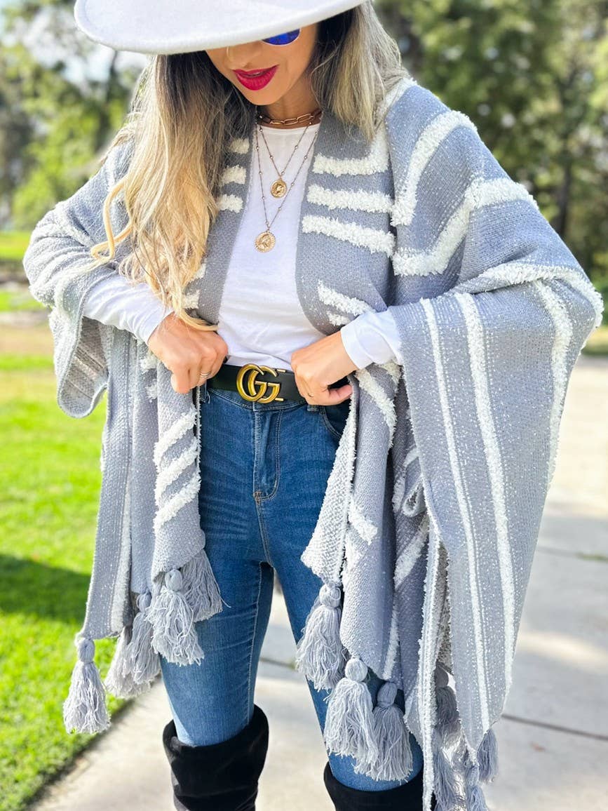 Boho Textured Chunky Knit Tassel Ruana Cardigan